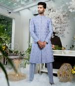 Lilac Blue Geometric Floral Sherwani Set