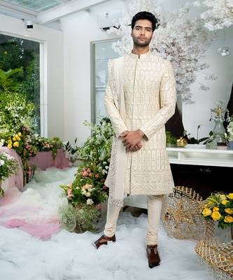 Ivory Paper Gold Fully Embroidered Beige Sherwani Set With Stole 1