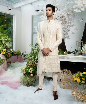 Ivory Paper Gold Fully Embroidered Beige Sherwani Set With Stole 2