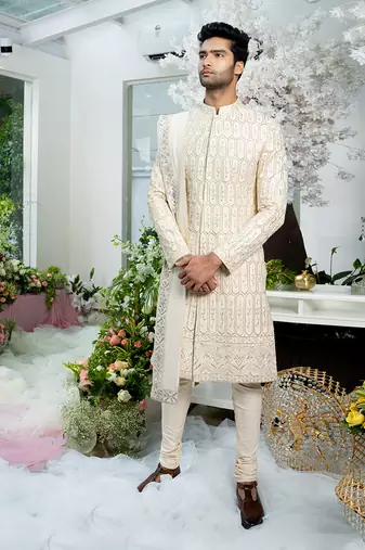 Ivory Paper Gold Fully Embroidered Beige Sherwani Set With Stole