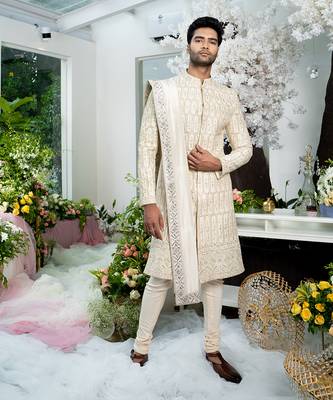 Ivory Paper Gold Fully Embroidered Beige Sherwani Set With Stole 3
