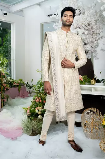 Ivory Paper Gold Fully Embroidered Beige Sherwani Set With Stole