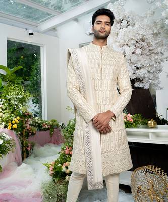 Ivory Paper Gold Fully Embroidered Beige Sherwani Set With Stole 4