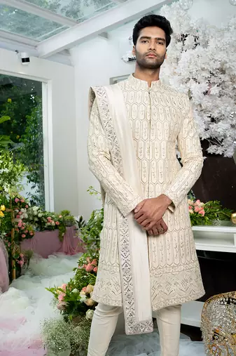 Ivory Paper Gold Fully Embroidered Beige Sherwani Set With Stole