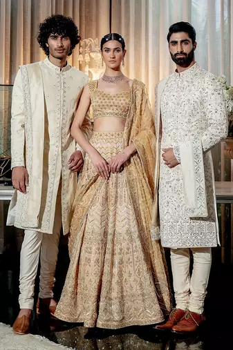 Ivory Paper Gold Fully Embroidered Beige Sherwani Set With Stole