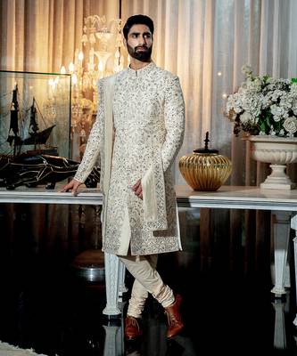 Ivory Paper Gold Fully Embroidered Beige Sherwani Set With Stole 1