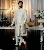 Ivory Paper Gold Fully Embroidered Beige Sherwani Set With Stole