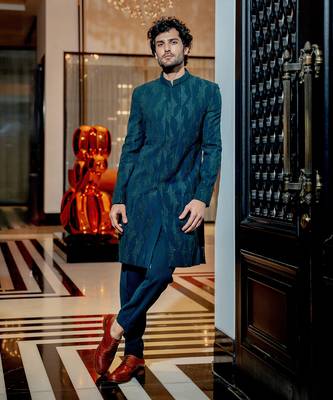 Emerald Green Geometric Sherwani Set 1