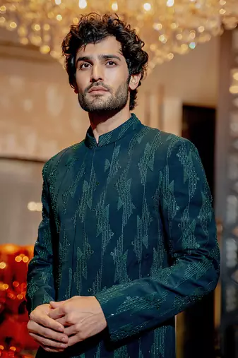 Emerald Green Geometric Sherwani Set