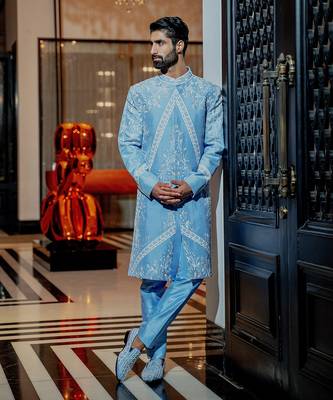 Powder Blue Neo Floral Sherwani Set 1