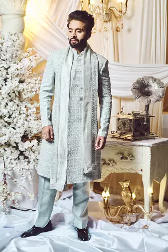 Pearl Grey Deco Sherwani Set.
