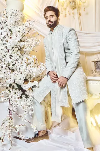 Pearl Grey Deco Sherwani Set.