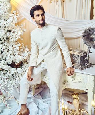 Seashell White Embroidered Sherwani Set 2