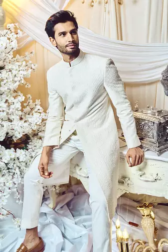 Seashell White Embroidered Sherwani Set