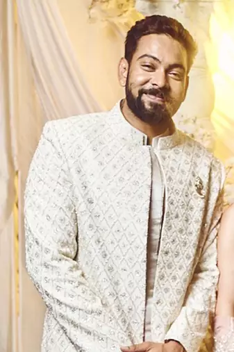 Seashell White Geometrical Sherwani Set
