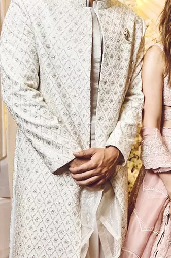 Seashell White Geometrical Sherwani Set