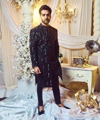 Ebony Black Lines Sherwani Set 1