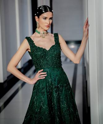 Emerald Green Floral Embroidered Gown W 3