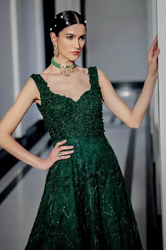 Emerald Green Floral Embroidered Gown W
