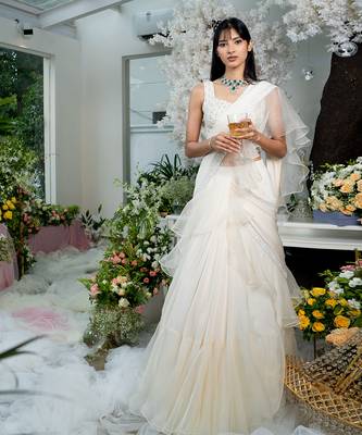 Chanterelle Beige Pre Draped Ruffled Saree 1