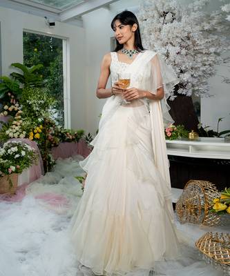 Chanterelle Beige Pre Draped Ruffled Saree 2