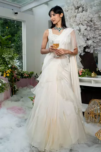 Chanterelle Beige Pre Draped Ruffled Saree