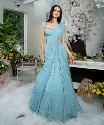 Icy Blue Pre Draped Ruffled Saree 1