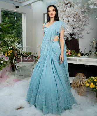 Icy Blue Pre Draped Ruffled Saree 2