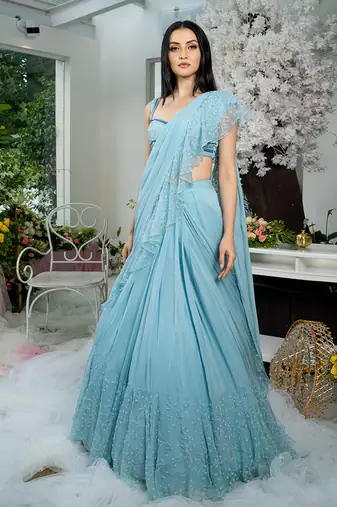Icy Blue Pre Draped Ruffled Saree