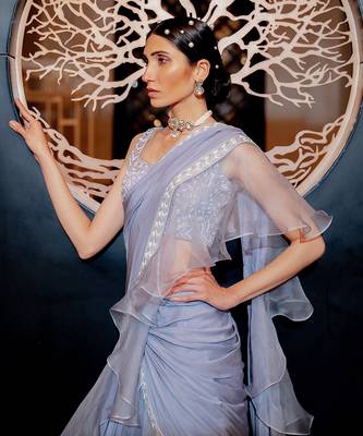 Lilac Blue Pre Draped Ruffle Saree 2