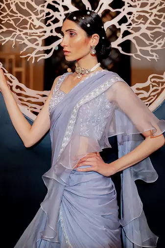 Lilac Blue Pre Draped Ruffle Saree