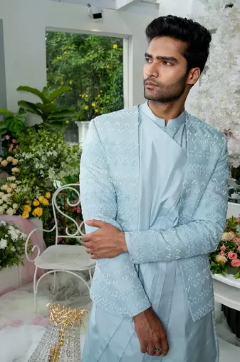 Icy Blue Open Jacket Kurta Set
