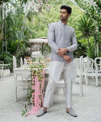 Metallic Grey Kurta- Bandhgala Set With Pants 1