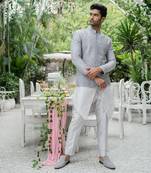 Metallic Grey Kurta- Bandhgala Set With Pants