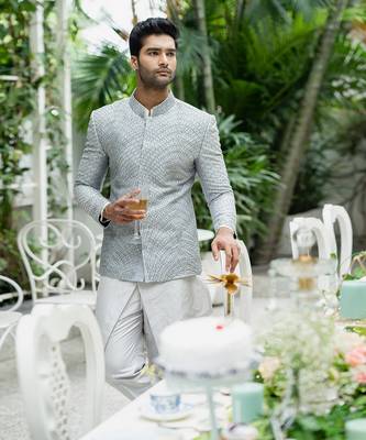 Metallic Grey Kurta- Bandhgala Set With Pants 2