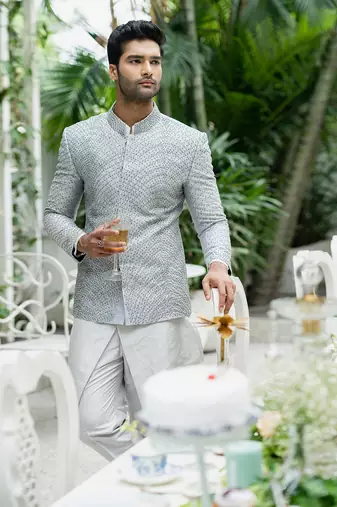 Metallic Grey Kurta- Bandhgala Set With Pants