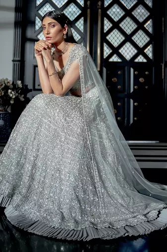 Silver All Over Embroidered Lehenga Set With Dupatta