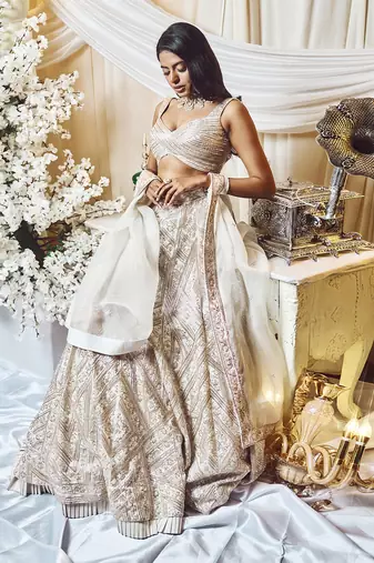 Chestnut White Lines Lehenga Set