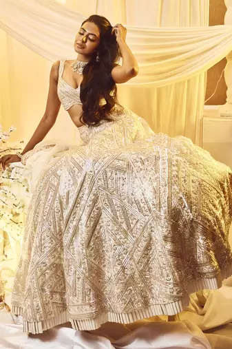 Chestnut White Lines Lehenga Set