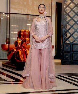 Onion Pink Neo- Floral Tank And Palazzo Set With Dupatta 1