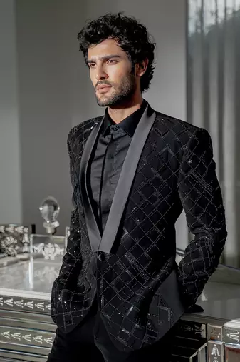 Black Metallic Checkered Blazer Set