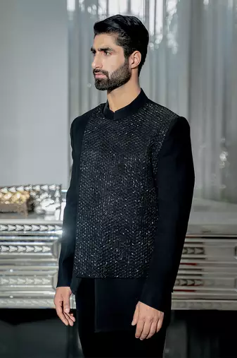 Black Metallic Bandhgala Set