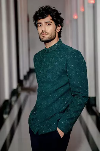 Emerald Green Geometric Bandhgala Set A