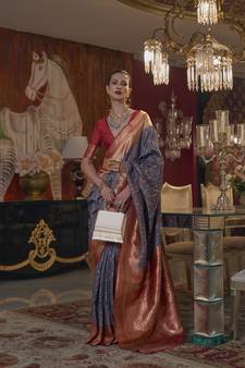 Navy Blue Woven Silk Blend Saree With Blouse