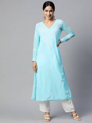 SHADES Chikankari Light Blue straight kurti. 3