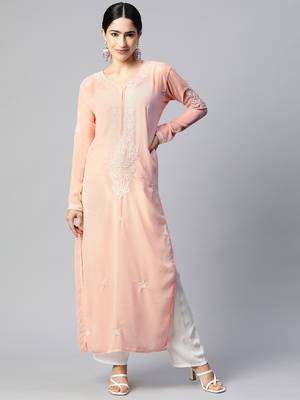 SHADES Chikankari Peach straight kurti. 5