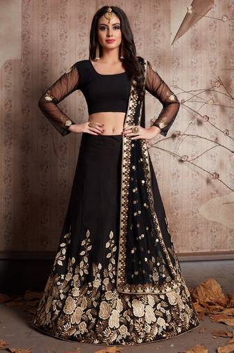  BLACK  DORI SEQUINS & ZARI EMBROIDERED CREPE FESTIVE BRIDAL WEDDING & PARTY WEAR SEMI STITCHED LEHENGA CHOLI