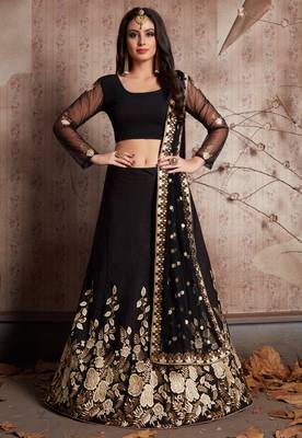  BLACK  DORI SEQUINS & ZARI EMBROIDERED CREPE FESTIVE BRIDAL WEDDING & PARTY WEAR SEMI STITCHED LEHENGA CHOLI 1