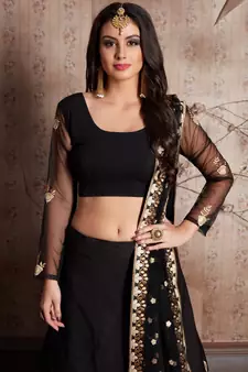  BLACK  DORI SEQUINS & ZARI EMBROIDERED CREPE FESTIVE BRIDAL WEDDING & PARTY WEAR SEMI STITCHED LEHENGA CHOLI