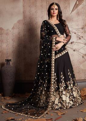  BLACK  DORI SEQUINS & ZARI EMBROIDERED CREPE FESTIVE BRIDAL WEDDING & PARTY WEAR SEMI STITCHED LEHENGA CHOLI 3